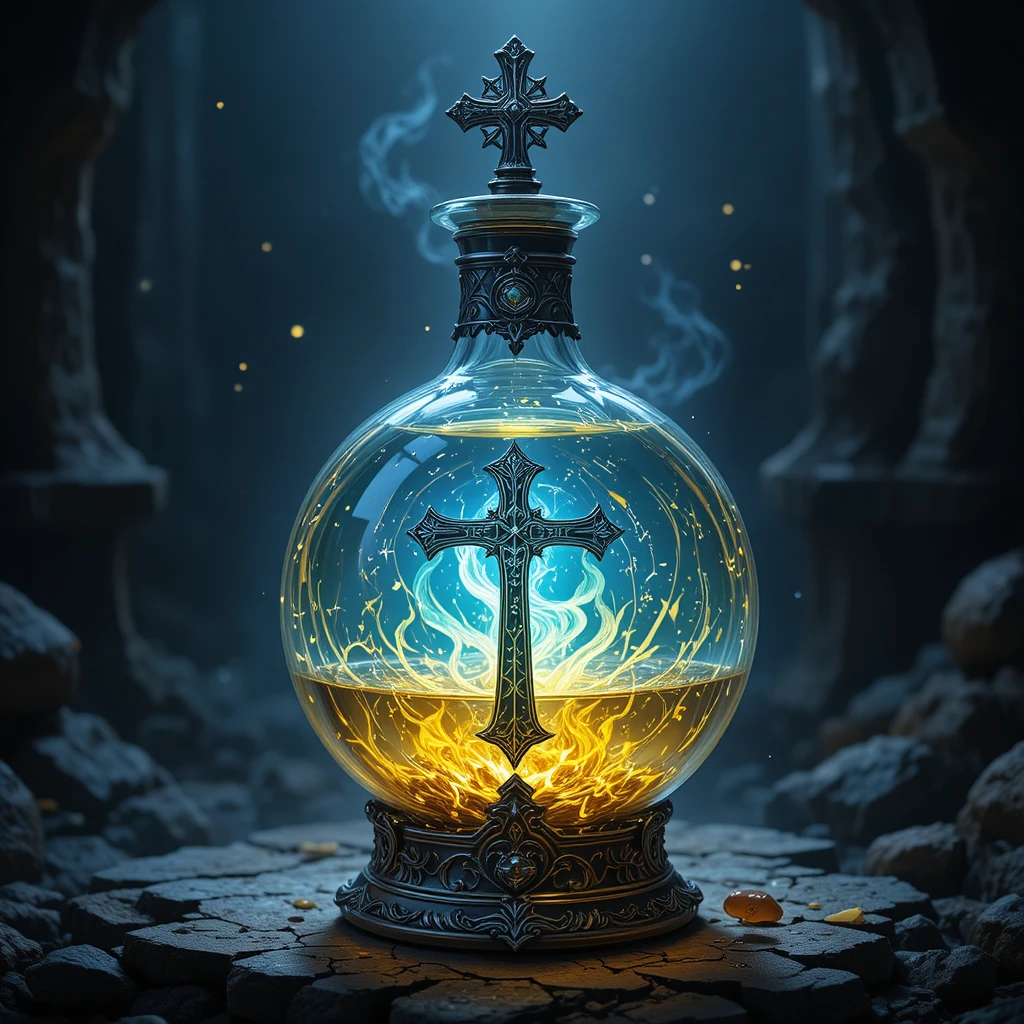 Glowing Holy Cross Potion Bottle In Dark Fantasy Scene