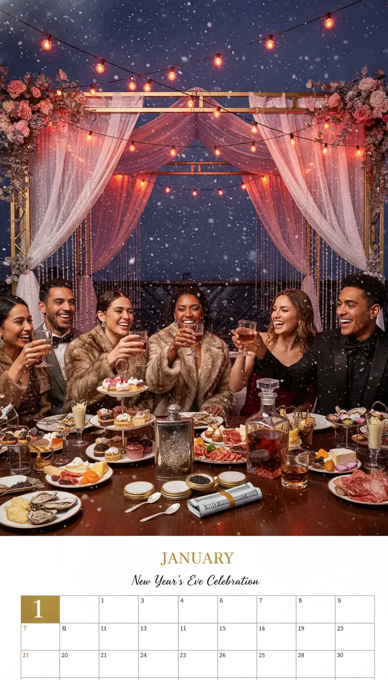 Rooftop New Year table with gourmet treats and drinks