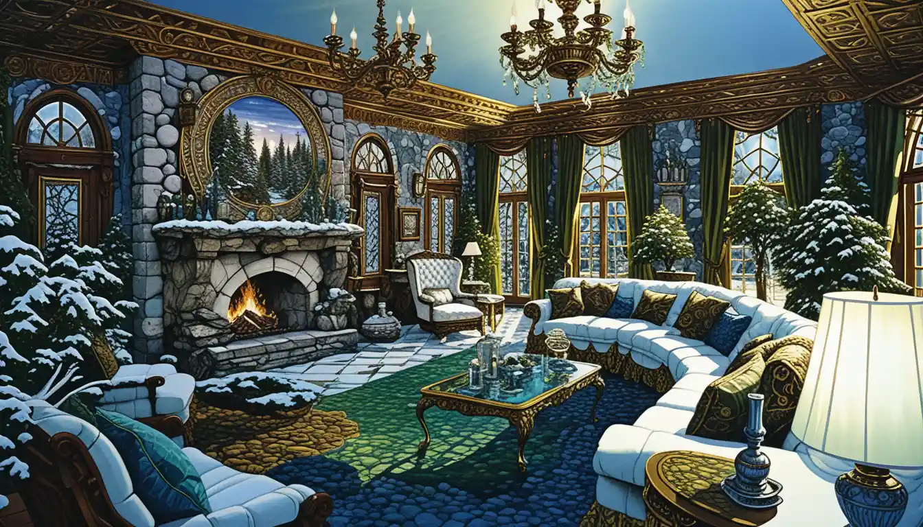 Grand duchess winter villa bedroom with roaring fireplace
