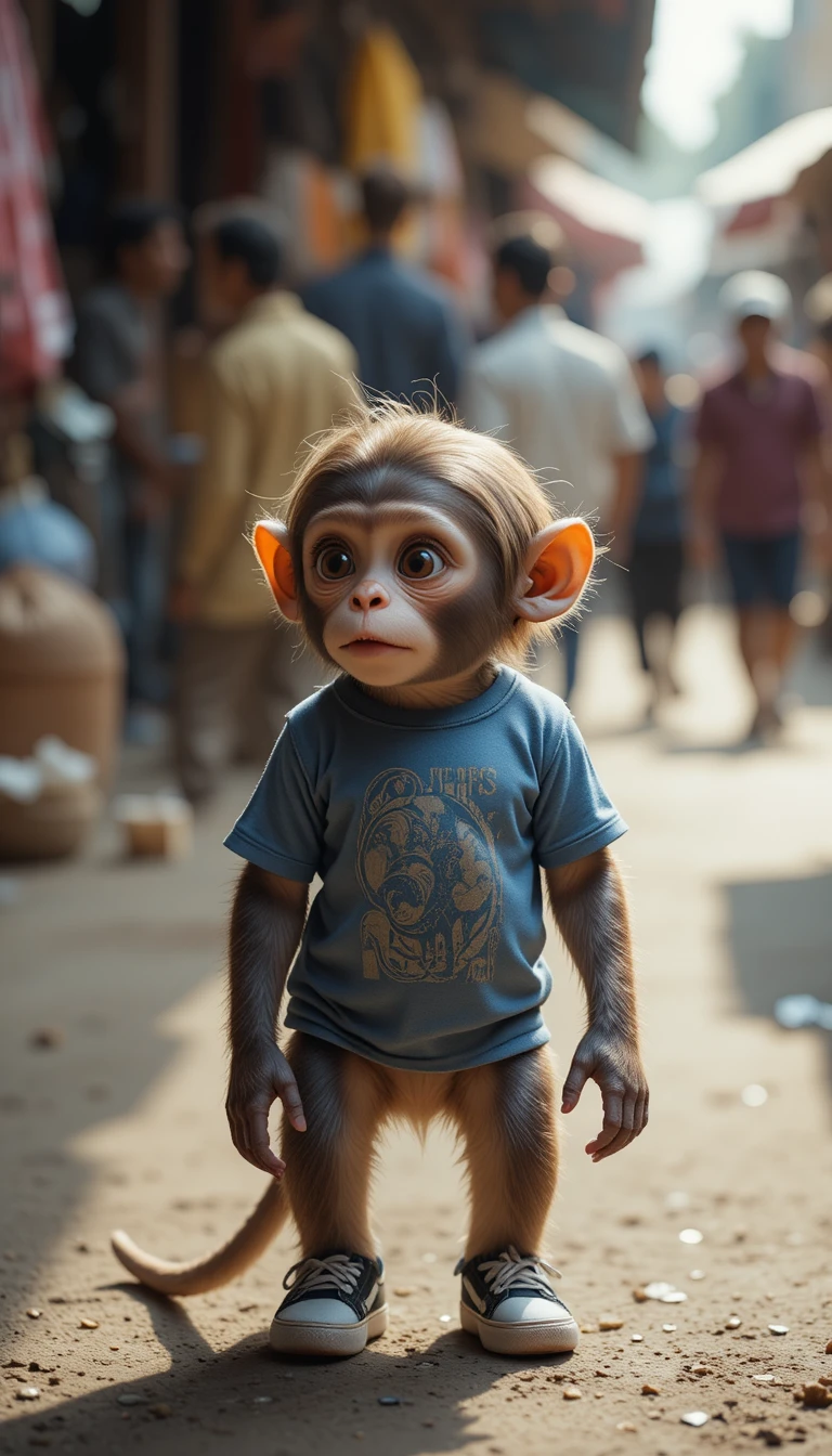 Baby monkey in t shirt at busy Indian street market