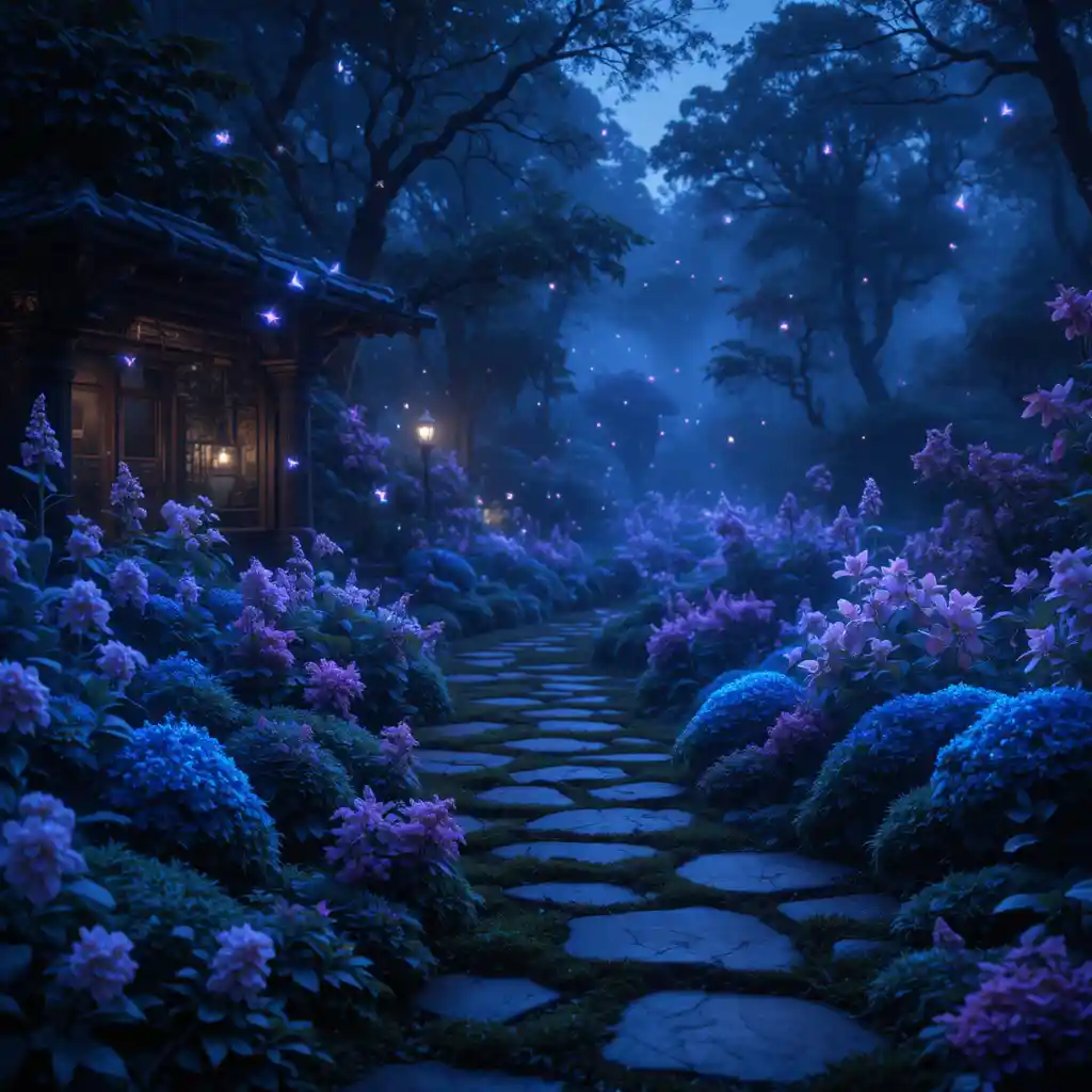 Sentiero di giardino incantato illuminato da piante bioluminescenti brillanti
