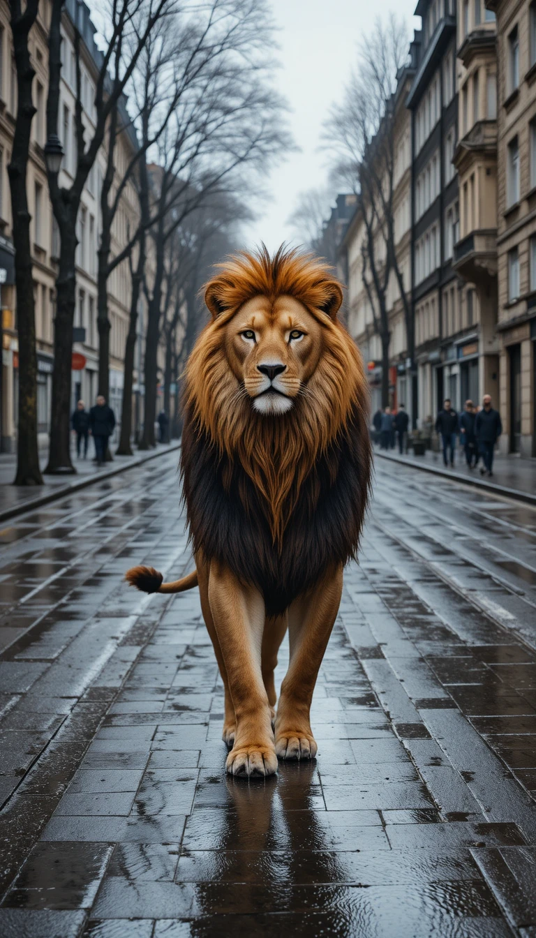 Lion walking alone on a rainy European city street