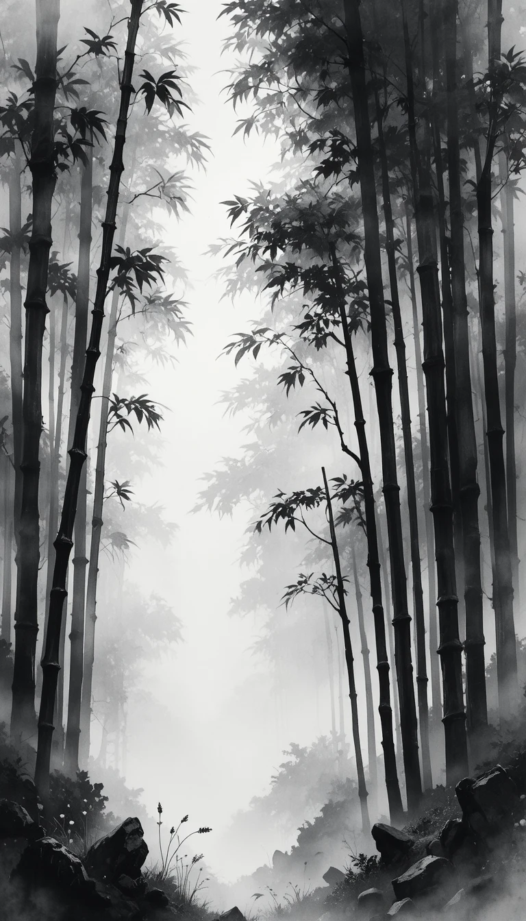 白黒水彩で描く霧深い竹林の絵画