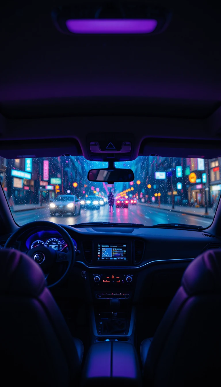 Vue depuis la banquette arrière d’une voiture moderne au tableau de bord néon