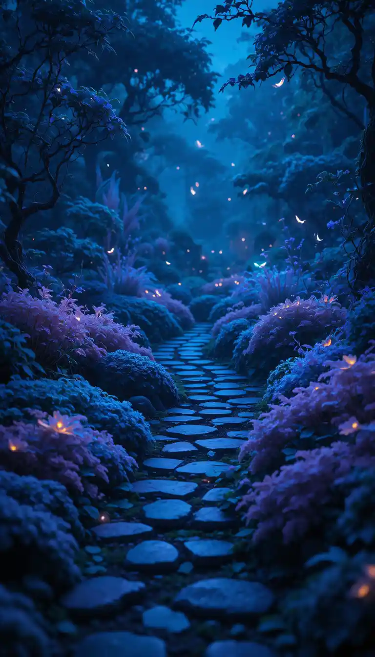 Sentiero di giardino incantato illuminato da piante bioluminescenti