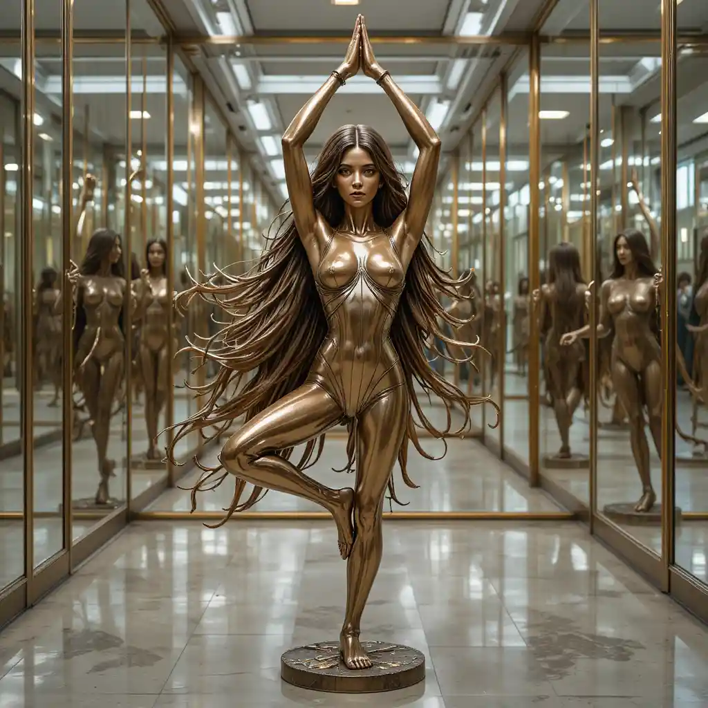 Bronze statue of a long haired girl in a mirrored room
