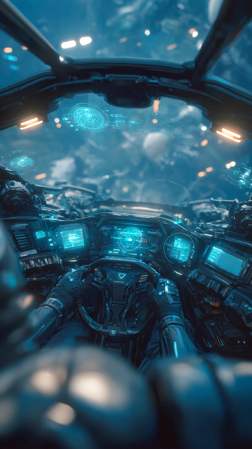 Futuristic mech cockpit with pilot and holographic hud