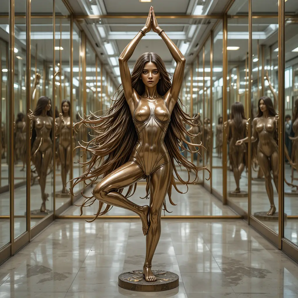 Bronze statue of a long haired girl in a mirrored room