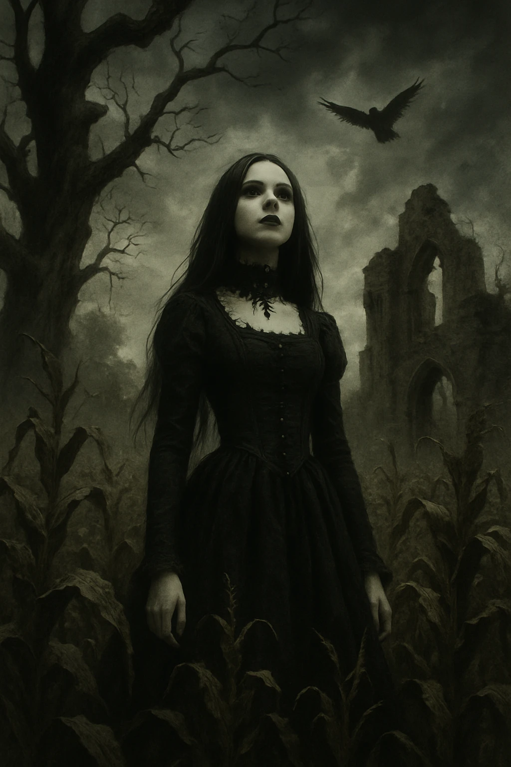 Gothic woman standing in a wild cornfield under stormy sky