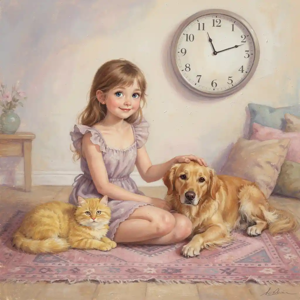 Young girl with pets on pink kilim in cozy room