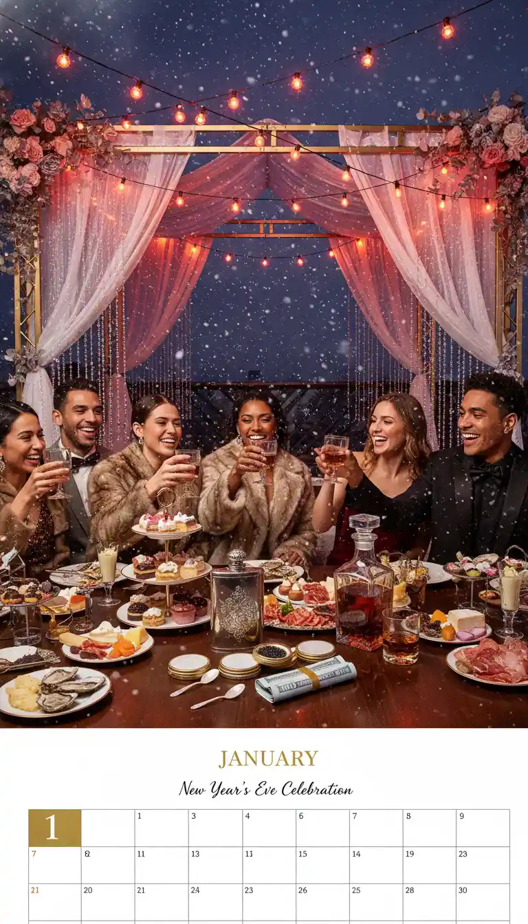 Rooftop New Year table with gourmet treats and drinks