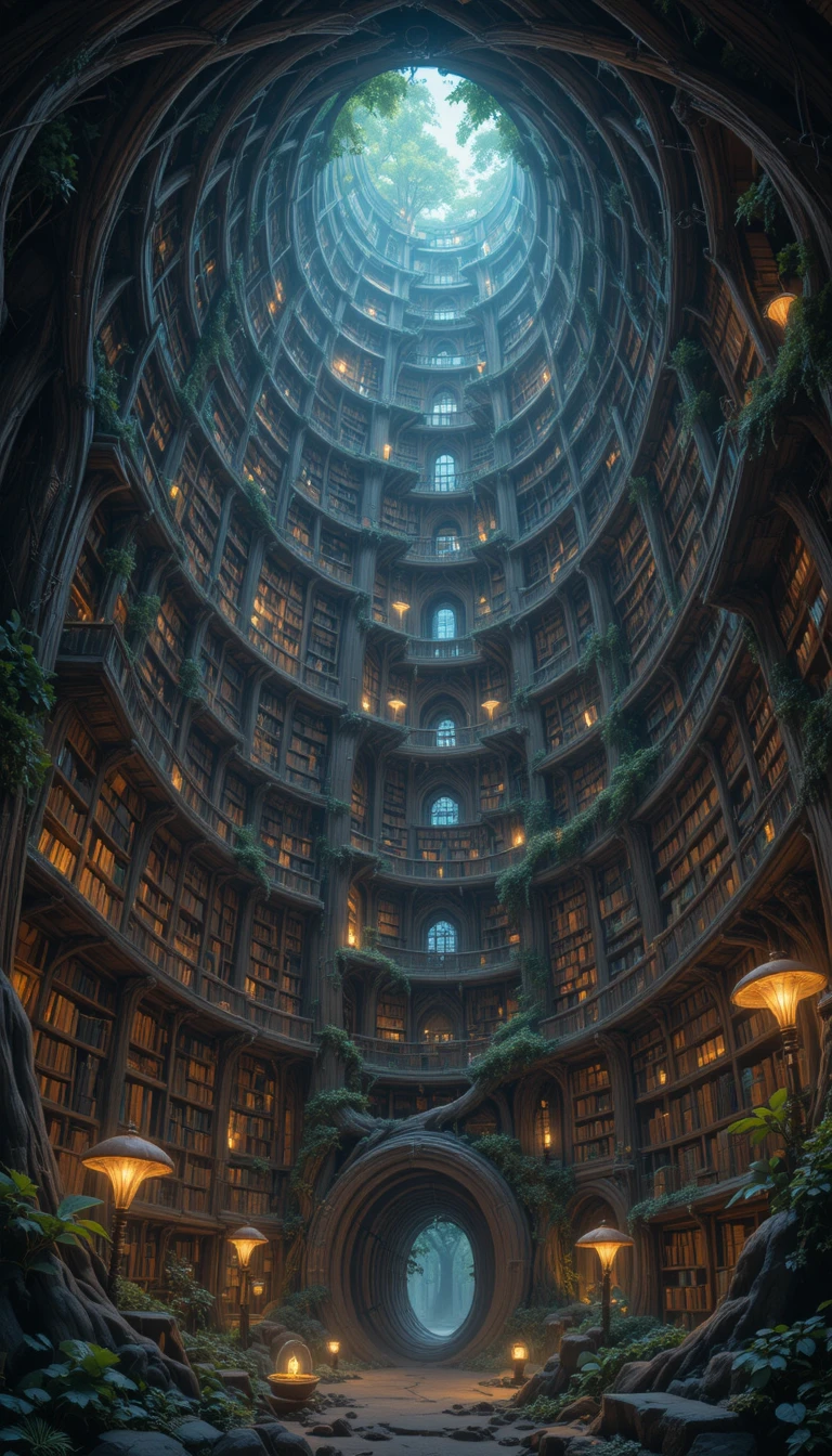 Bibliothèque dans un arbre ancien aux étagères en spirale et à la lumière magique