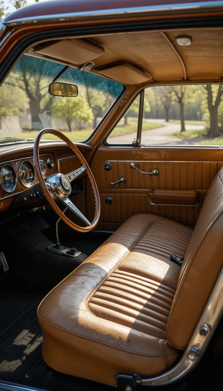 Vintage-Auto-Innenraum mit abgenutzten Ledersitzen im Sonnenlicht