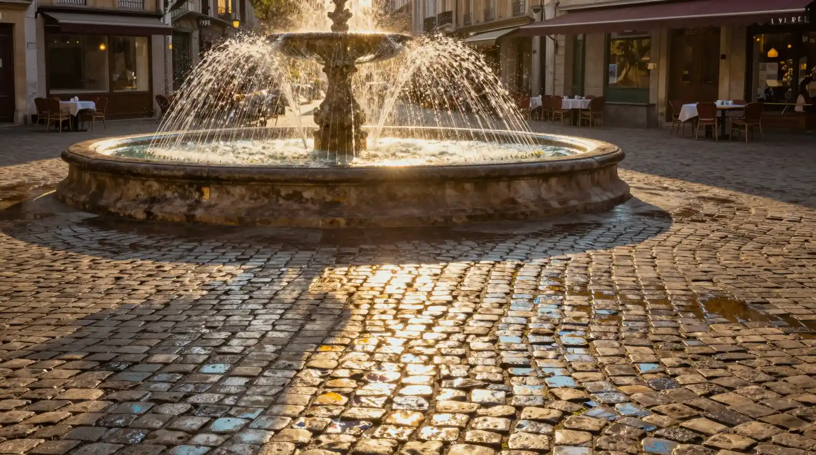 Sunlit European plaza with fountain and glowing cobblestones