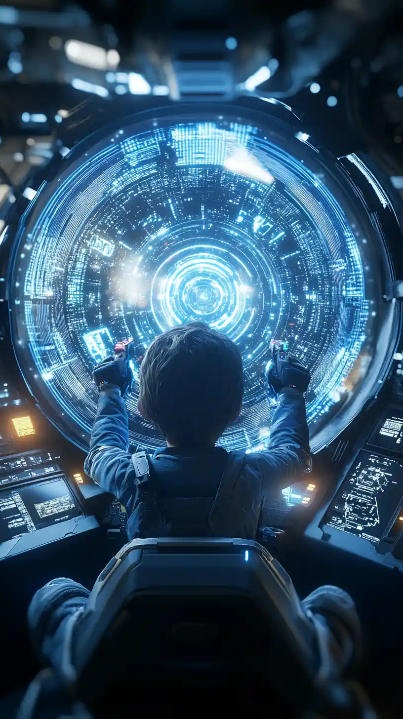 Child pilot in futuristic mech cockpit with holographic controls