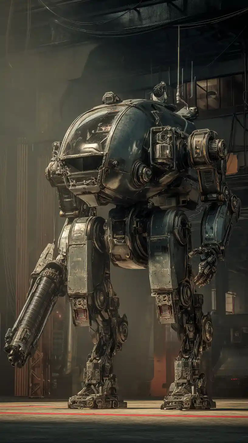 Exoesqueleto mecha de ciencia ficción con piloto en plataforma industrial