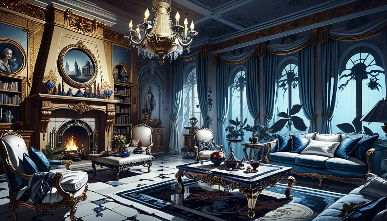 Opulent 18th century duchess bedroom with stone fireplace