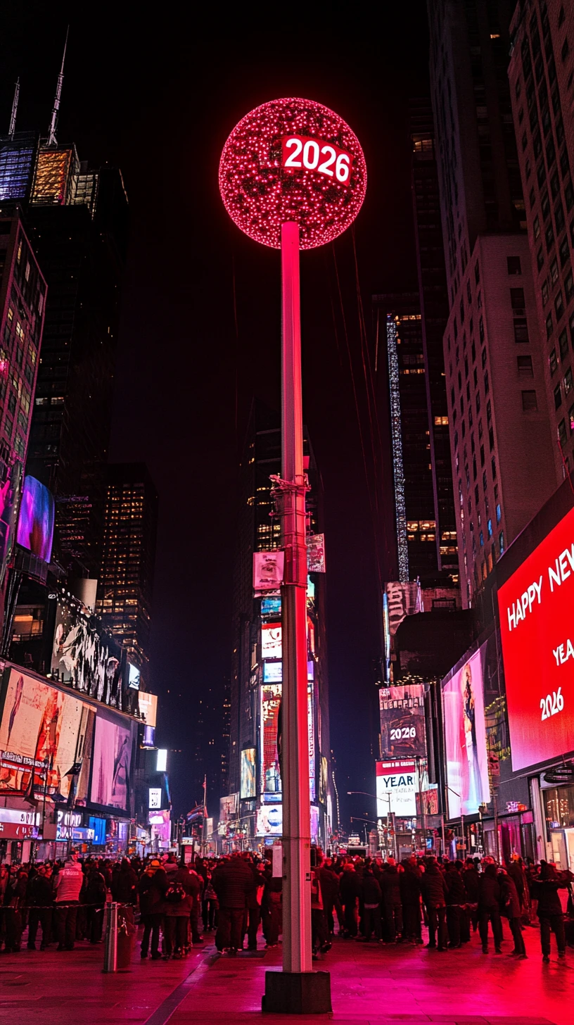 Sognante conto alla rovescia di Capodanno in stile Times Square con sfera luminosa 2026