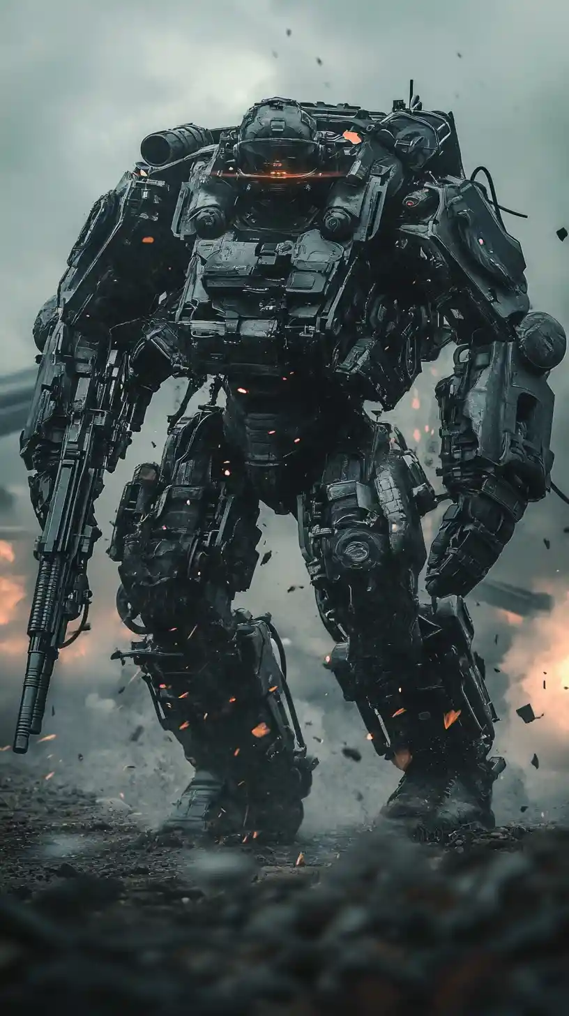 Gepanzerter Sci‑Fi‑Mech mit Marine‑Pilot auf dem Schlachtfeld