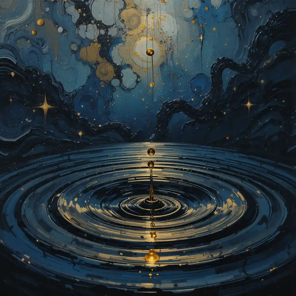 Golden teardrop falling into a swirling cosmic ocean