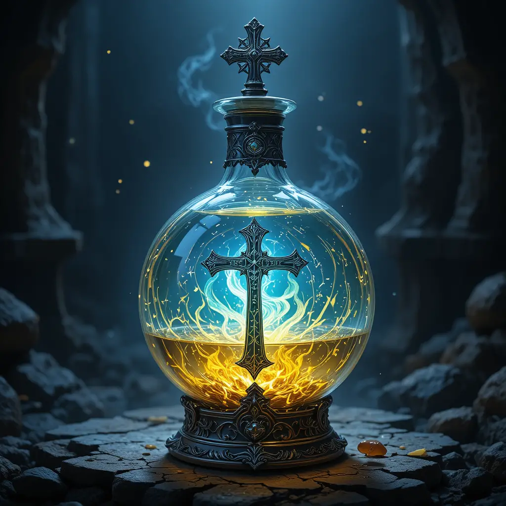 Glowing Holy Cross Potion Bottle In Dark Fantasy Scene