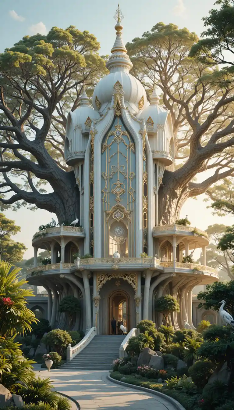 Futuristischer Baobab-Baumtempel mit Gärten und Pfauen