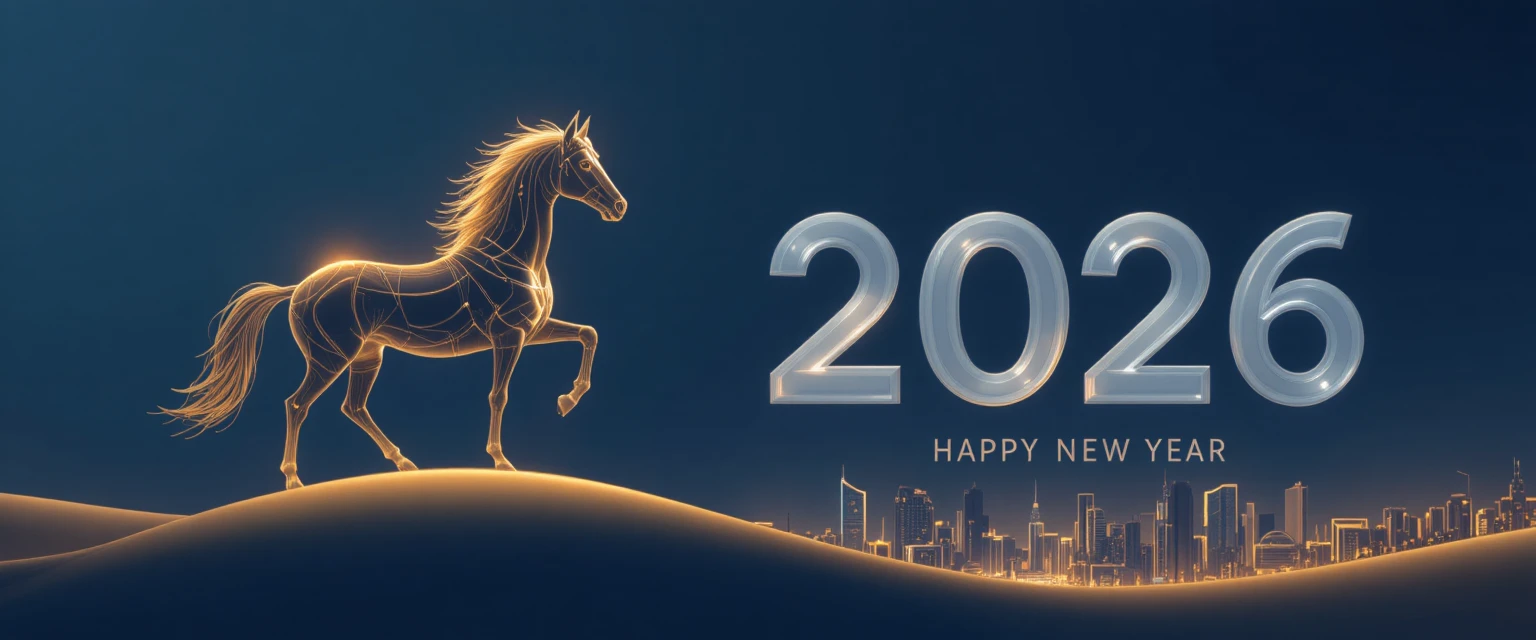 Minimalist galloping horse above a distant Taipei cityscape