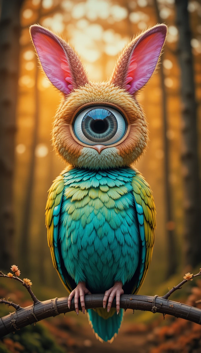 長滿苔蘚的森林樹枝上超現實的一眼鳥類生物