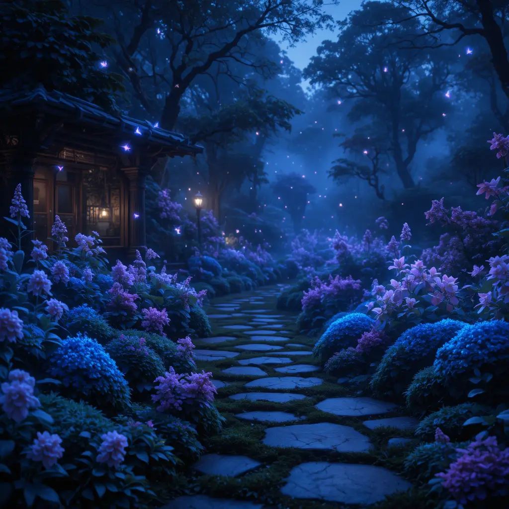Enchanted Garden Path Lit By Glowing Bioluminescent Plants