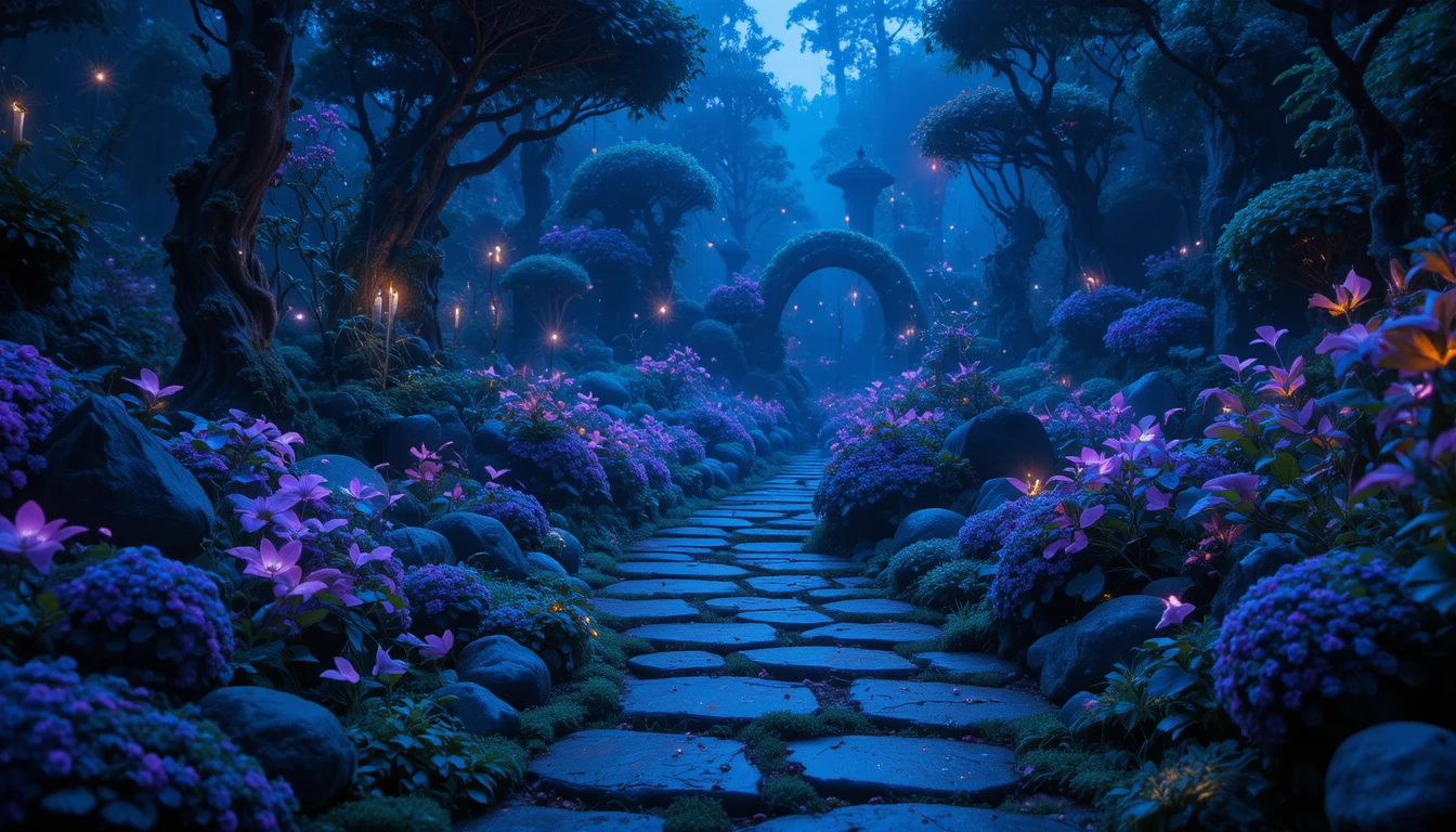 Sentiero da giardino incantato con piante bioluminescenti luminose