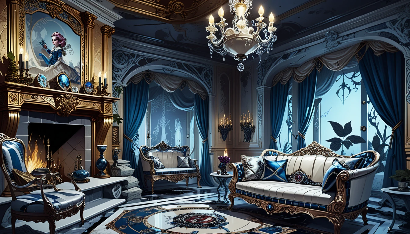 Opulent duchess bedroom with fireplace and winter feast