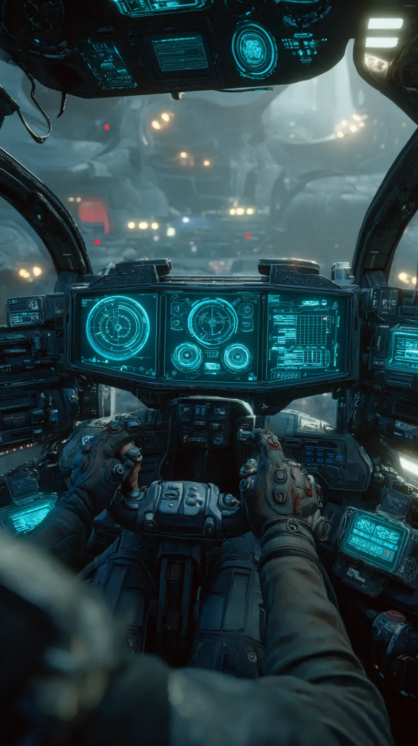 Futuristic mech cockpit with pilot and holographic interface