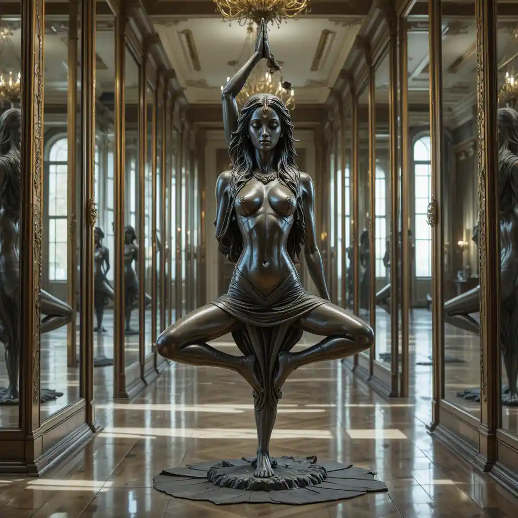 Bronze girl statue in yoga pose in mirrored room