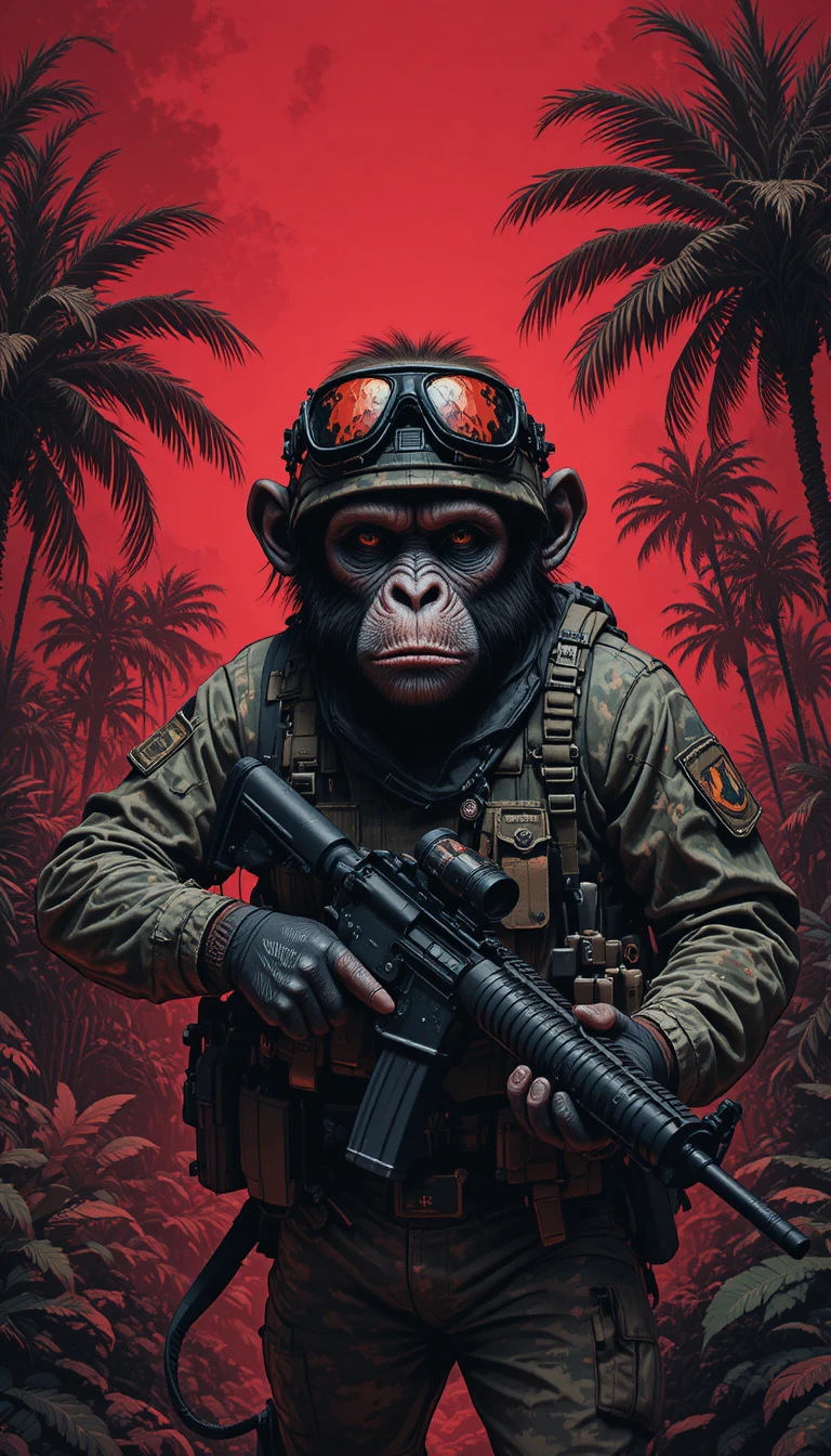 Armed Military Monkey In Camo Gear In A Red Jungle