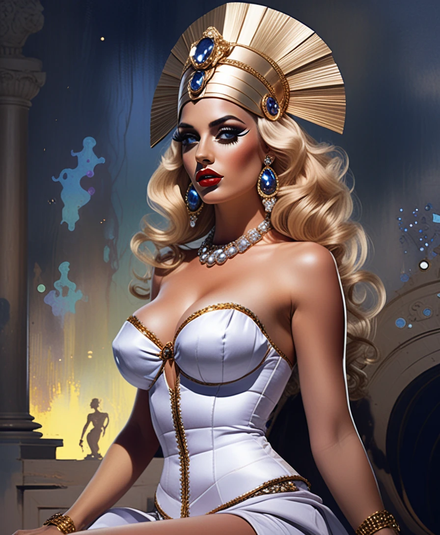 Neon lit egyptian queen in glamorous couture pose