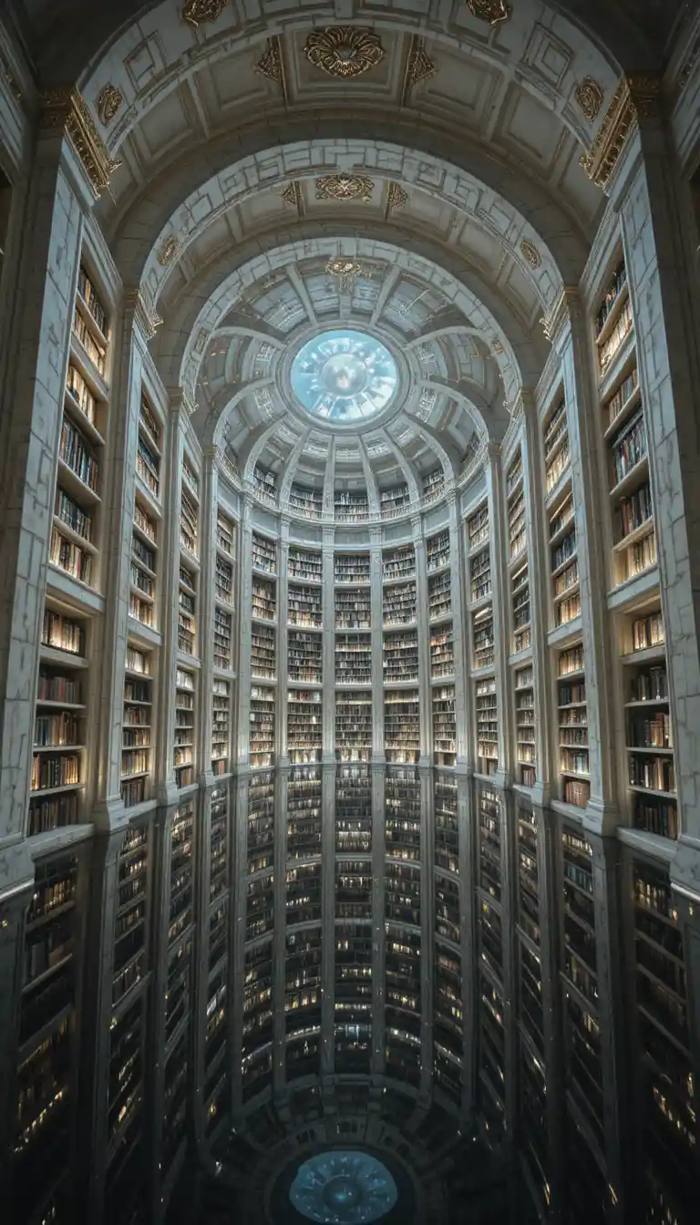 Surreal marble library spiraling into an infinite sky vortex