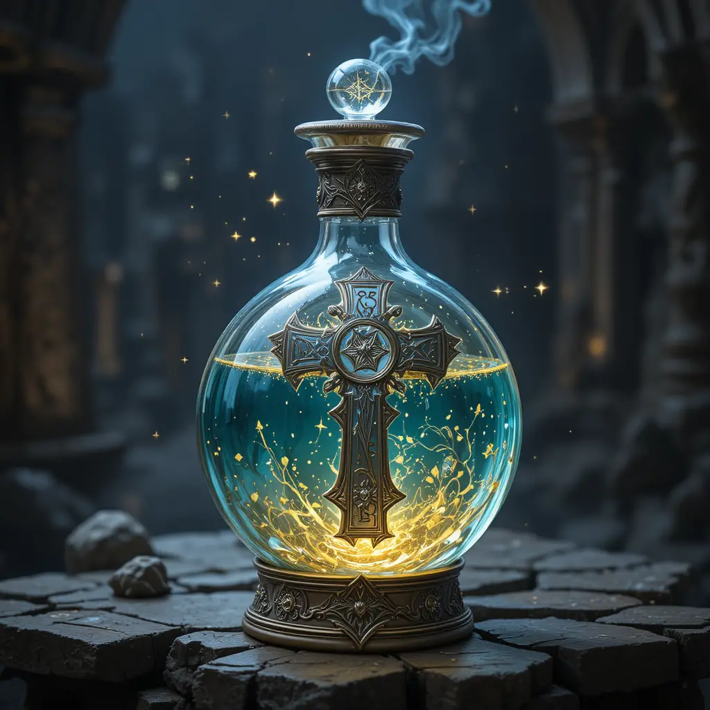 Glowing Holy Cross Fantasy Potion Bottle Illustration
