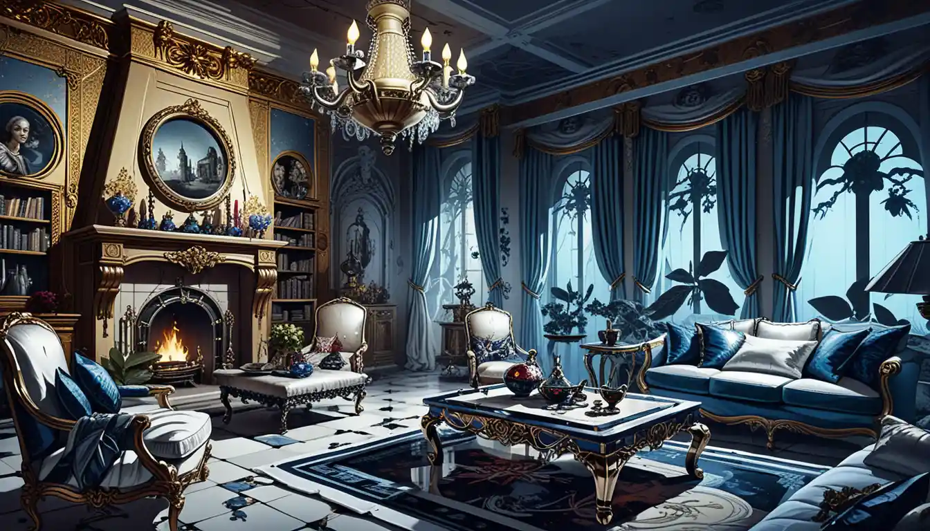 Opulent 18th century duchess bedroom with stone fireplace