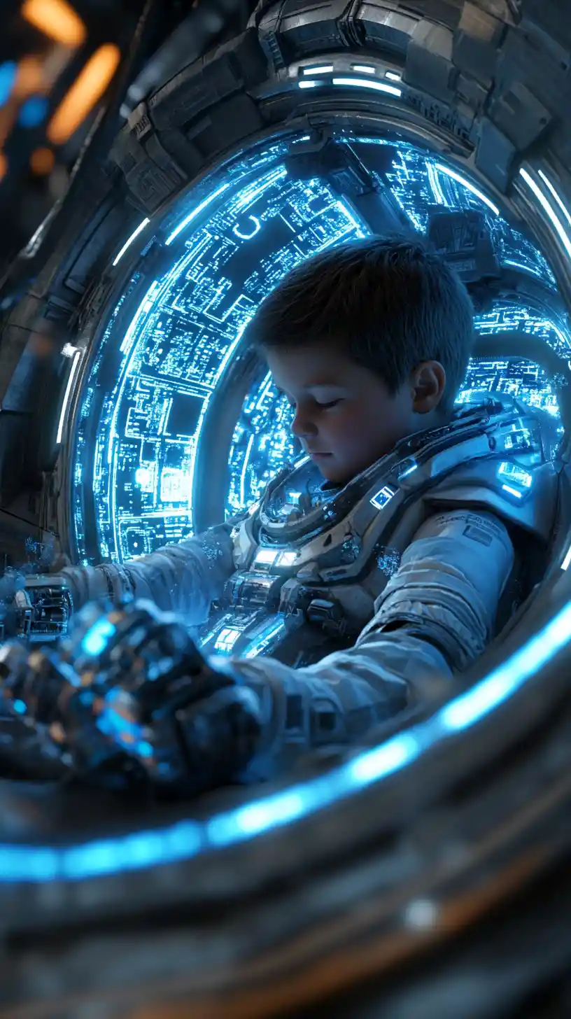 Child pilot in futuristic mech cockpit with holographic hud