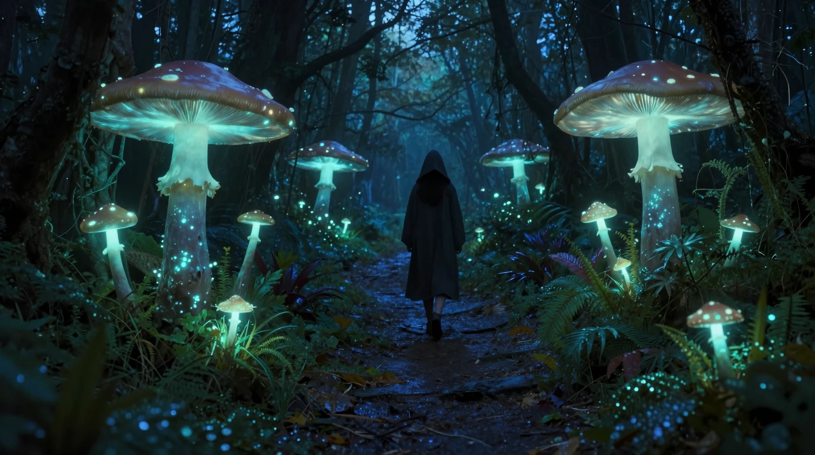 Viandante Incappucciato su un Sentiero di Foresta Bioluminescente al Crepuscolo