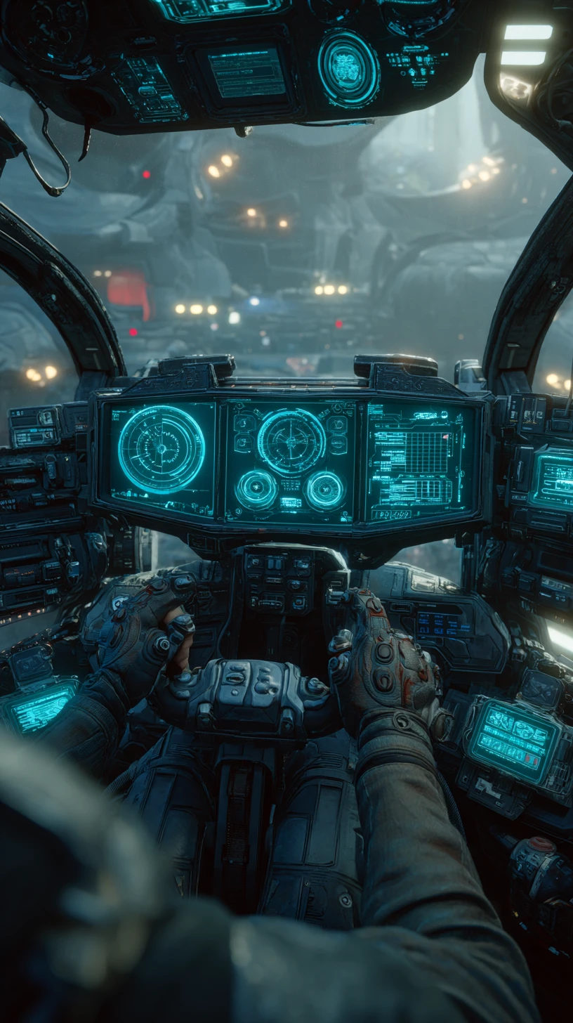 Futuristic mech cockpit with pilot and holographic interface