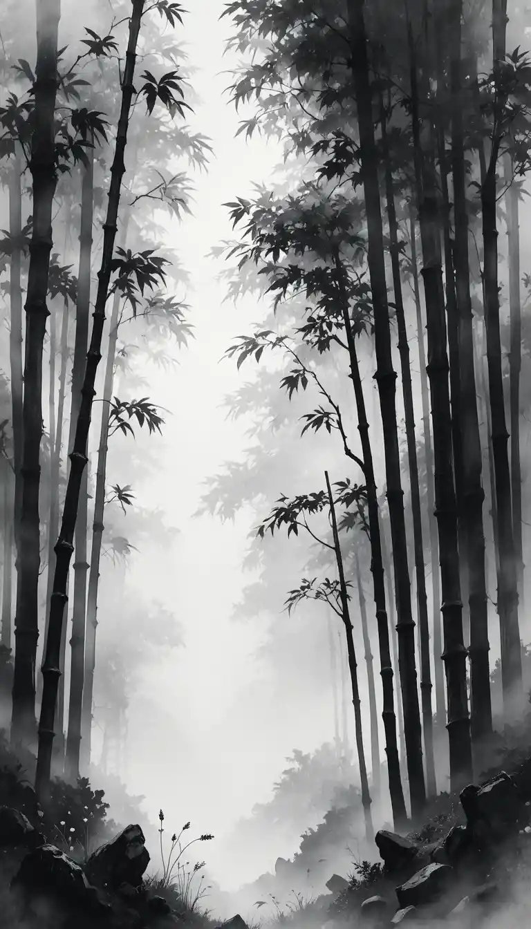白黒水彩で描く霧深い竹林の絵画