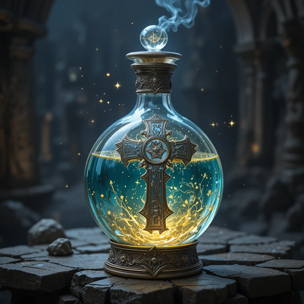 Glowing Holy Cross Fantasy Potion Bottle Illustration