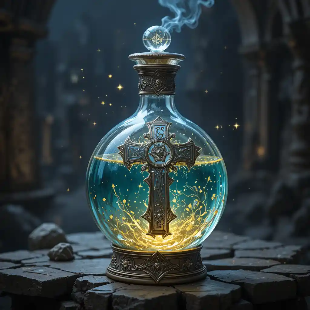 Glowing Holy Cross Fantasy Potion Bottle Illustration