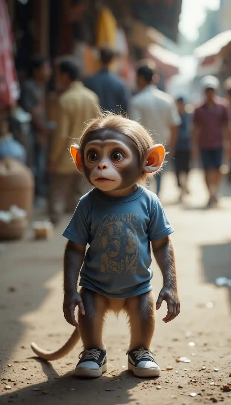 Baby monkey in t shirt at busy Indian street market