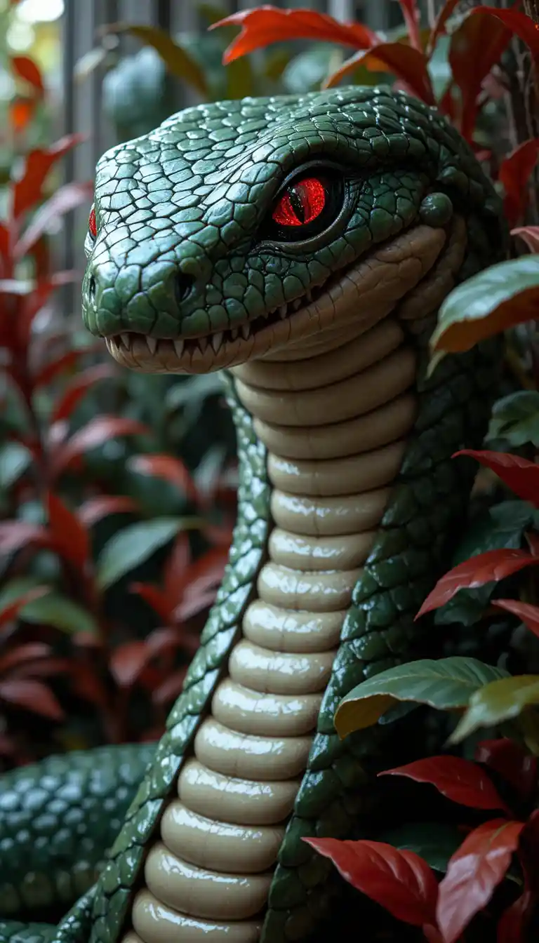 Close up of a lifelike snake in dense jungle plants