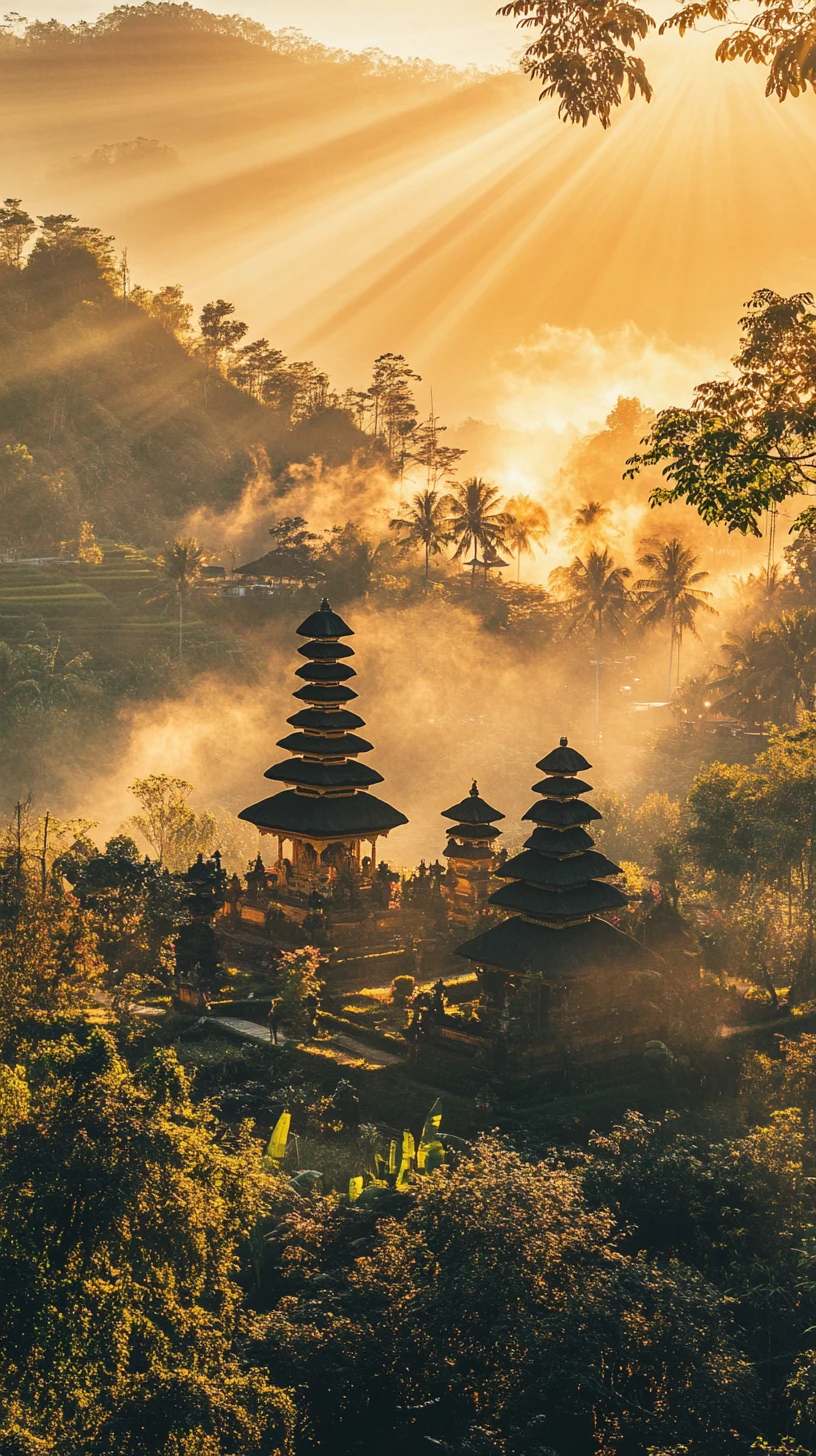 Luftaufnahme eines Tempels auf Bali bei Sonnenuntergang