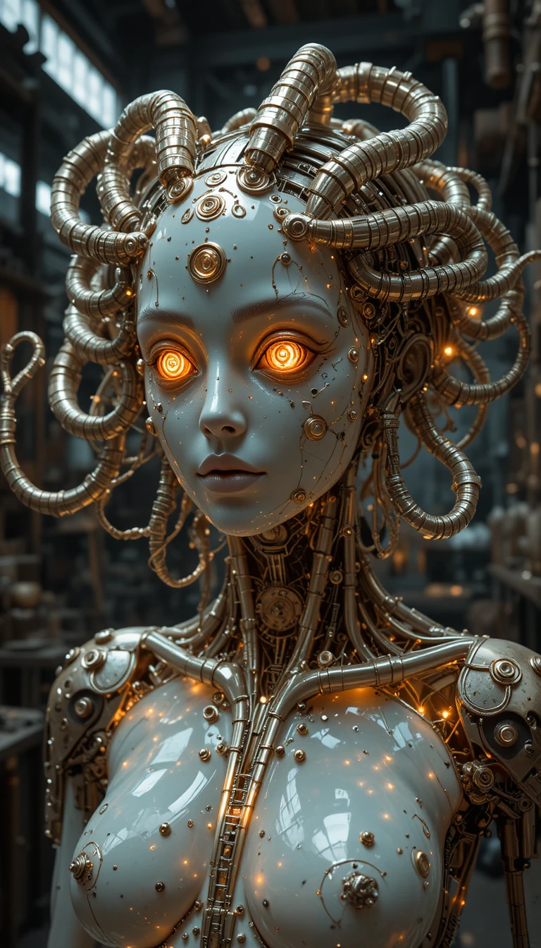 Sculpture de Méduse robotique dans un atelier steampunk sombre