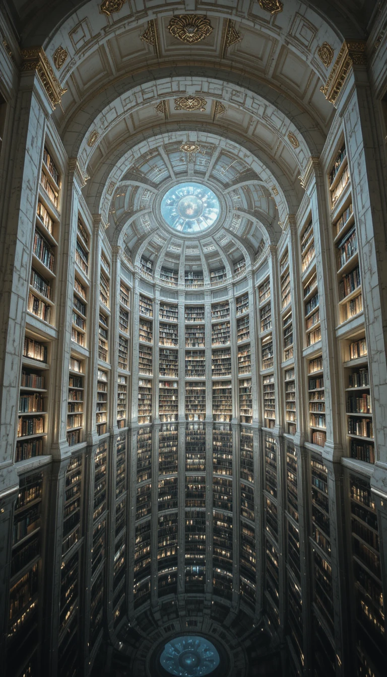 Surreal marble library spiraling into an infinite sky vortex