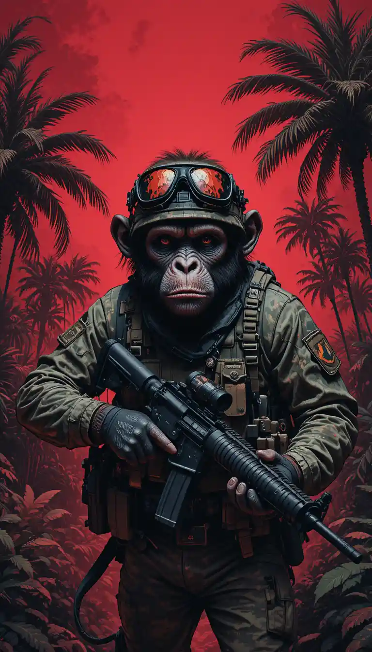 Armed Military Monkey In Camo Gear In A Red Jungle